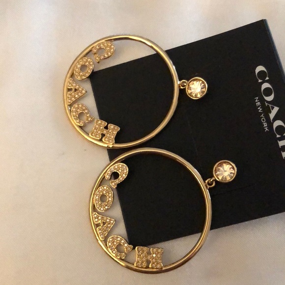 Coach Gold Tone Signature Frontal Logo Hoop Earrings Crystal Accents NWT - Picture 11 of 14
